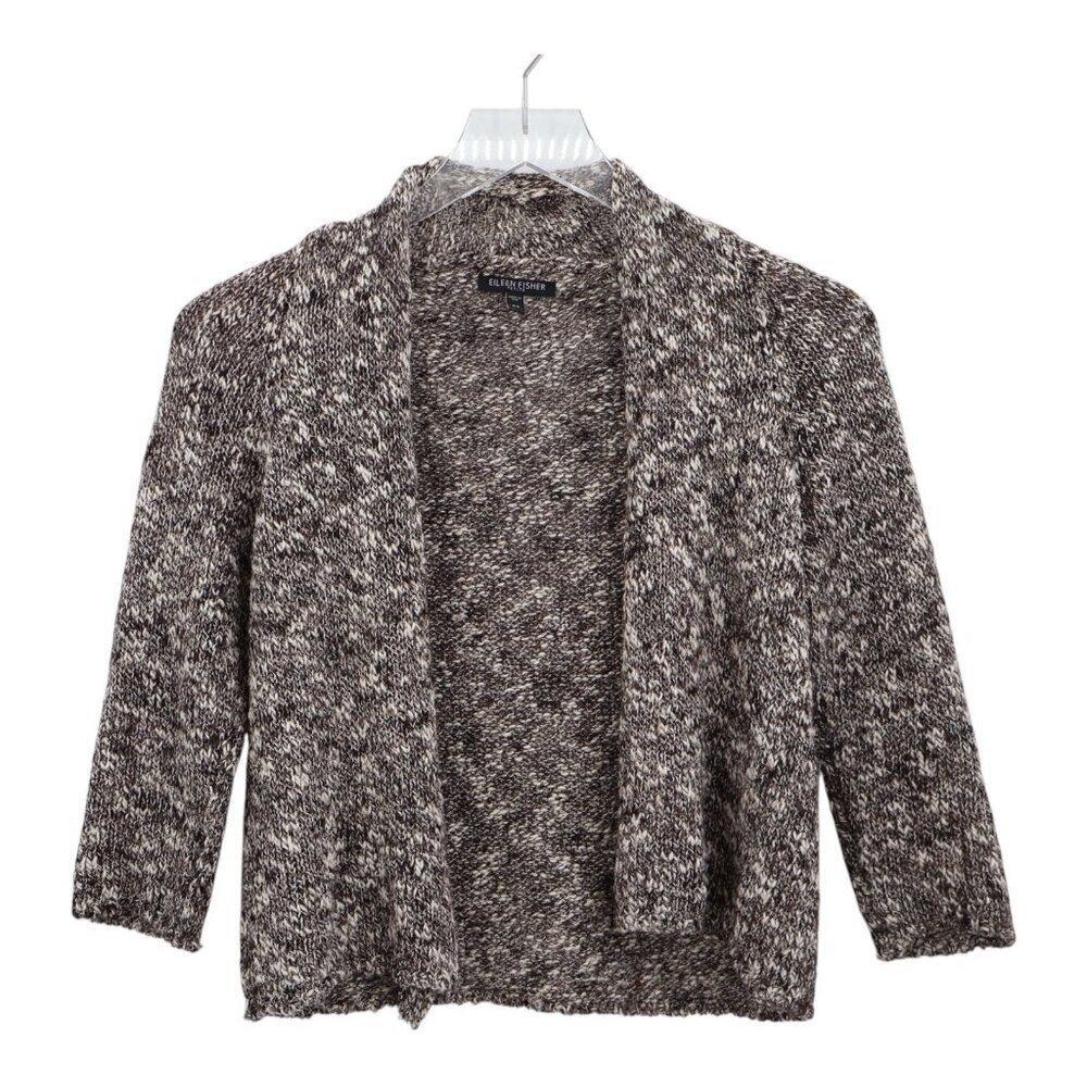Eileen Fisher Linen Cotton Brown & White Knit Open Front Cardigan Petite Small
